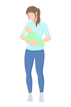 white woman standing holds a baby in her hands. a young mother in a T-shirt and leggings looks at her child in her arms, simple vector style in silhouette