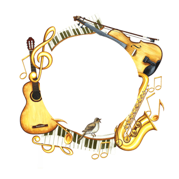 A round musical frame with an image of a guitar, saxophone and violin, as well as piano keys. The illustration is made by hand in watercolor. For posters, flyers, invitation cards and packaging. png
