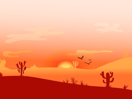 Sunset in the Desert panoramic view with dunes and cactus. Wild west Sunrise postcard. Poster template with desert landscape, place for text. Design element for banner, invitation, flyer, card. vector