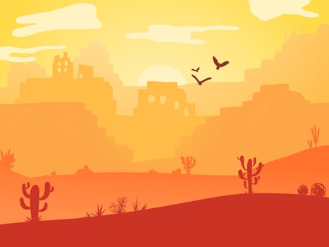 Cartoon desert landscape with cactus, hills, golden sand dunes and stones, birds, sun and mountains silhouettes. Texas western mountains and abandoned ruins, nature horizontal background. vector