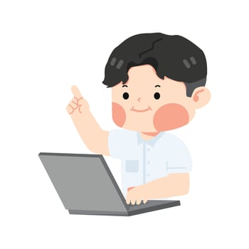 Kid Boy student using computer pointing vector