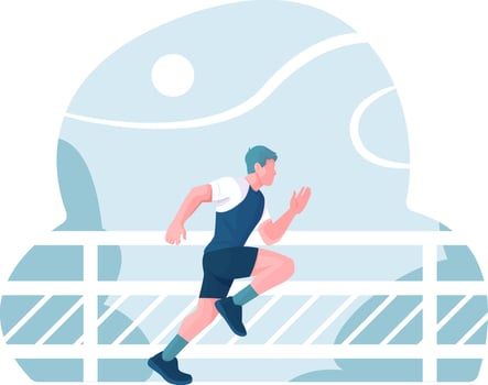 White man in shorts and t-shirt is jogging outdoors. Figure is in motion, full-length portrait with minimalist background. Athlete is running, doing cardio workout. Vector illustration.