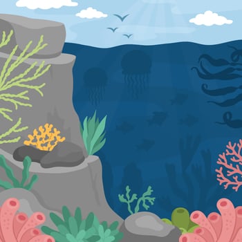 Vector under the sea landscape illustration. Ocean life scene with reef, seaweeds, stones, corals, fish, rocks. Cute square water nature background. Aquatic picture for kids with sky and sun