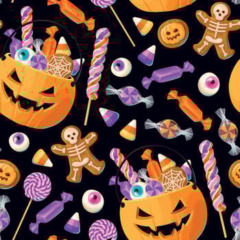Sweets candies and colorful lollipops in pumpkin halloween seamless pattern vector illustrations