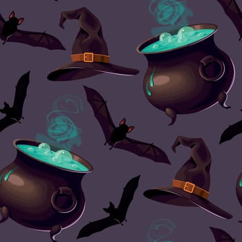 Halloween cauldron, bats witch hat vector seamless pattern