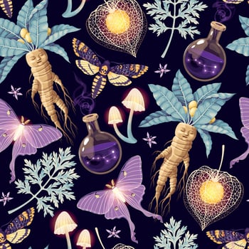 Seamless magic pattern with high detailed supplies for witchcraft vector
