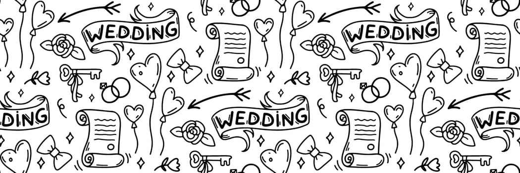 Wedding doodle seamless pattern. Festive outline background. Ribbon, heart shaped balloons, key and marriage certificate. For invitation cards, wrapping paper, wallpaper or fabric. illustration vector