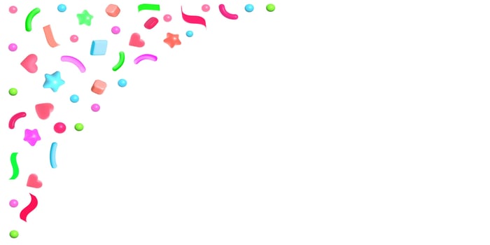 3d render confetti stars, hearts, balloons, cubes. Confetti corner. The concept of the holiday. Abstract poster. illustration vector