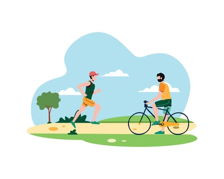 People jogging and ride a bicycle in the park scene. Healthy lifestyle concept. Sport and leisure activities in public space vector illustration design