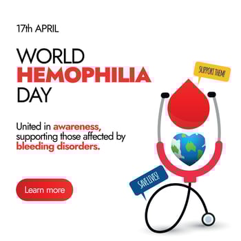 World Hemophilia day. 17th April World Hemophilia day awareness banner with icons of stethoscope, blood drop and earth globe. Haemophilia day banner to promote blood donation to support patients. vector