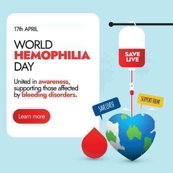 World Haemophilia Day. 17th April World Hemophilia day banner with blood donation concept with icons of blood bag, drop, earth globe and speech bubbles of save lives and support them. vector