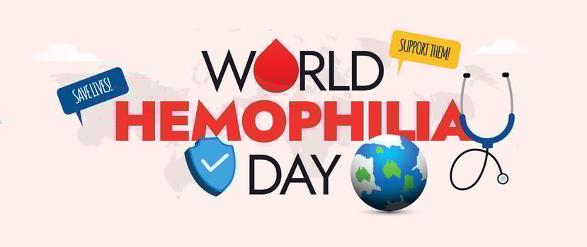 World Haemophilia day.17th April world Hemophilia day celebration cover banner with icons of blood drop, stethoscope, earth globe, protection shield. Awareness cover banner to donate blood for patient vector