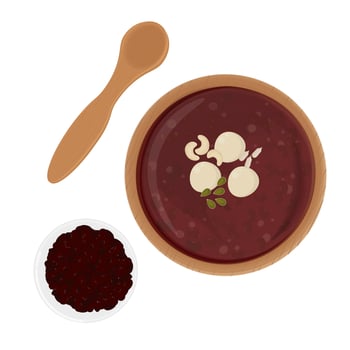 illustration logo Top view korean Red Bean Porridge patjuk on a wooden bowl vector