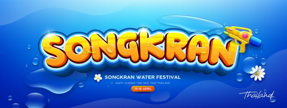 Songkran water festival message, happy summer time new year thailand, clear water drop, fun water gun and white flowers banners design on blue background, Eps 10 illustration vector