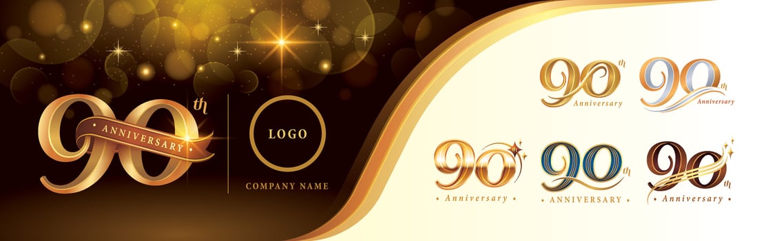 Set of 90th Anniversary logotype design, Ninety years anniversary celebration Logo, Golden Luxury and Retro Serif Number 90 Letters vector