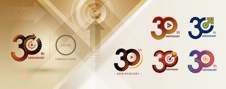 Set of 30th Anniversary logotype design, Thirty years Celebrating Anniversary Logo multiple line for celebration event, Play Arrow, Target Sign logo, vector
