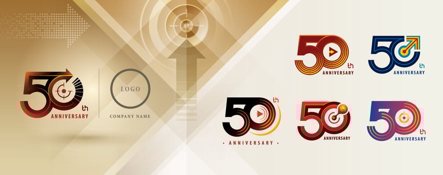 Set of 50th Anniversary logotype design, Fifty years Celebrating Anniversary Logo multiple line for celebration event, Play Arrow, Target Sign logo, vector