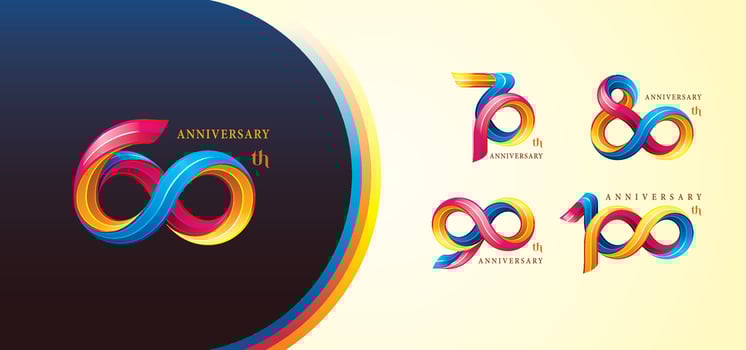 Set of 60 to 100 years Anniversary Colorful logotype design, 60, 70, 80, 90, 100 year, Abstract Twist Infinity multiple line Colorful. vector