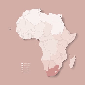Illustration with African continent with borders of all states and marked country South Africa. Political map in brown colors with western, south and etc regions. Beige background vector