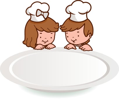 A little girl and a little boy with chef hats looking over at a blank dinner plate. Child cook eating, waiting for food. Vector Illustration