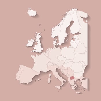 illustration with european land with borders of states and marked country North Macedonia. Political map in brown colors with western, south and etc regions. Beige background vector