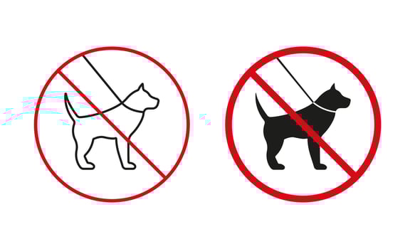 Walk With Pet Not Allowed Warning Sign Set. Dog On Leash Prohibit Line And Silhouette Icons. No Walking Dog Area Red Circle Symbol. Isolated Illustration vector