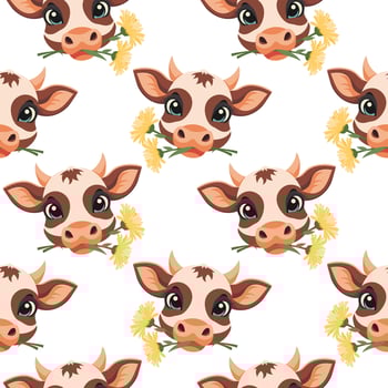 Seamless pattern with cute muzzles of cows with flowers in their mouths on a light background. Design for print, textile, fabric. Vector