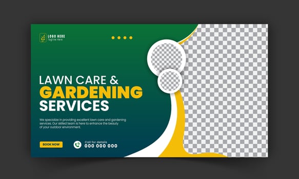 Organic food and agriculture service for stream video thumbnail design, modern lawn mower garden, or landscaping service social media cover or post template with abstract green and yellow color shapes vector