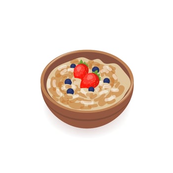 Bowl of delicious oat porridge decorated with fresh strawberries and blueberries isolated on white background. Tasty homemade cereal dish, healthy breakfast meal, morning food. Vector illustration.