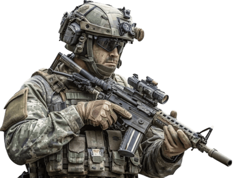 Military soldier in camouflage warwear and machine gun png