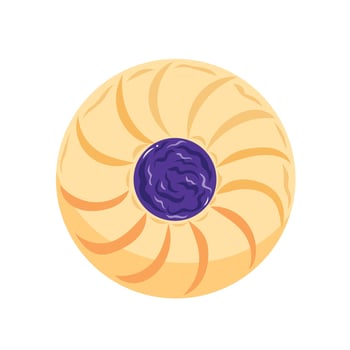 Round sweet tasty butter sugary biscuit with blueberry jam filling flavour in the middle. Food vector illustration isolated on square white background. Simple flat cartoon art styled drawing.