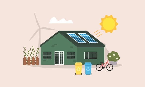 House with solar panels on the roof. Flat style minimal illumination. Eco friendy home. vector