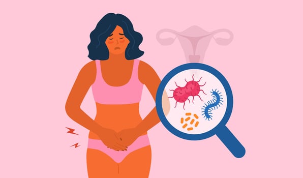Woman with pain. Sexually transmitted infection. vector