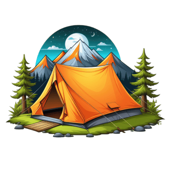 camping tent in the mountains with trees and rocks png