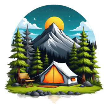 camping tent in the mountains with trees and rocks png