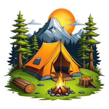 camping tent in the mountains with trees and rocks png