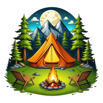 camping tent in the mountains with trees and rocks png