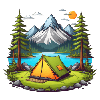 camping tent in the mountains with trees and rocks png