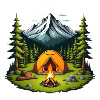 camping tent in the mountains with trees and rocks png