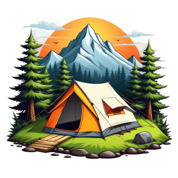 camping tent in the mountains with trees and rocks png