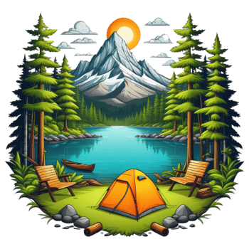camping tent in the mountains with trees and rocks png