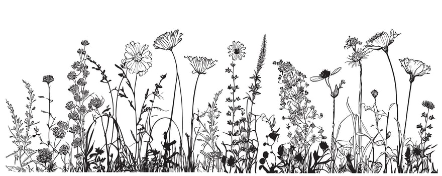 Wild flowers field border sketch hand drawn in doodle style Vector illustration