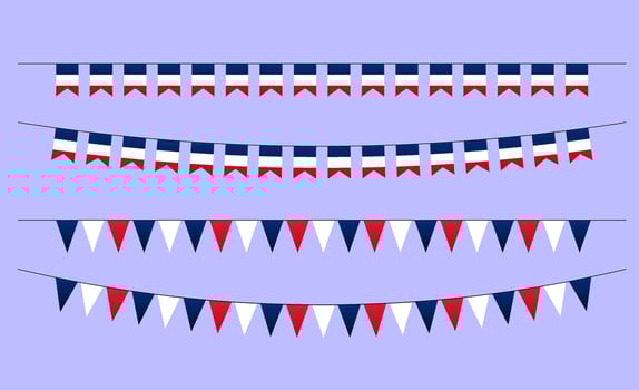 France hanging flags. French national bunting, garland, streamer vector set. Flat decorative party tricolor flag banners isolated design elements