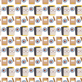 Office documents and folder with coffee cups. Pile of notebooks with glasses isolated on white background. Business seamless pattern concept design. Stack of books hand drawn flat illustration vector