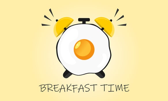 Alarm clock with fried egg. Breakfast time concept. Vector illustration.