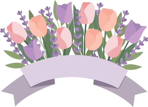 tulip and lavender flowers bouquet with ribbon banner hand drawn illustration for decorate invitation greeting birthday party celebration wedding card poster banner background vector