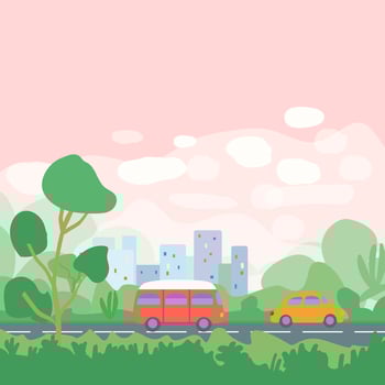 Summer travel poster by car past the city. A yellow car and a red minibus. Urban park and road. Template for poster, web page or banner. Flat vector