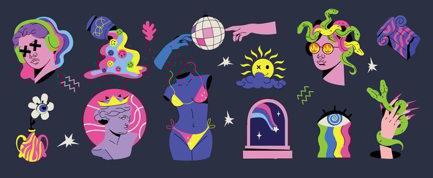 Psychedelic stickers with antique greek sculpture, columns in trendy acid design. Retro groovy vector set with disco ball, sun, eye, roman statues heads and torsoand. Rave icons in contemporary style