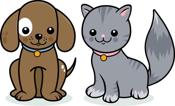 Cat and dog. Cute cartoon pets, a puppy and a kitten. Vector Illustration