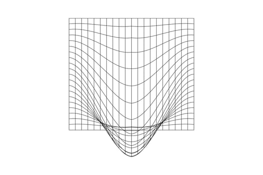 Distorted grid. Mesh warp texture. Futuristic net with convex effect. Geometric deformation. Gravity phenomenon. Bented lattice surface isolated on white background. vector